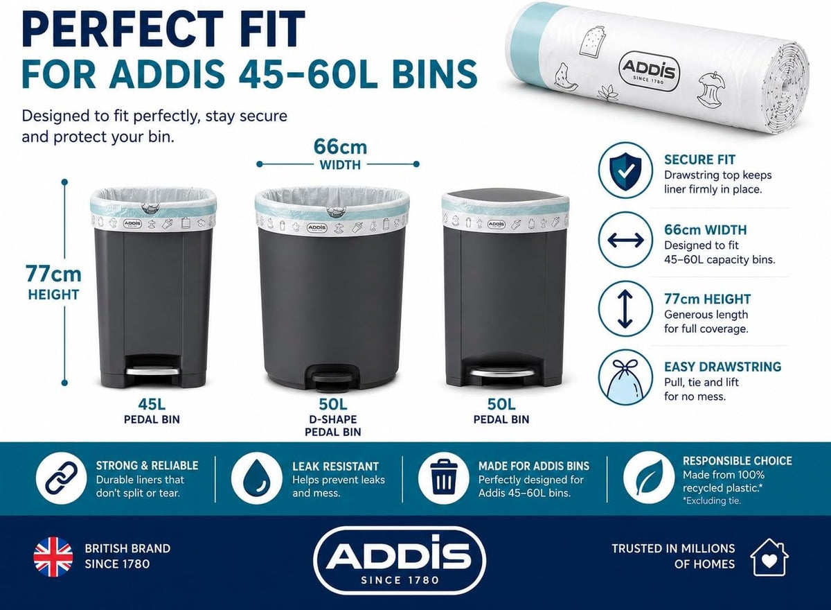 Addis 50–60L Kitchen Bin Liners, Strong Drawstring Bin Bags, 45 Bags