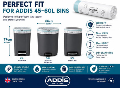 Addis 50–60L Kitchen Bin Liners, Strong Drawstring Bin Bags, 45 Bags