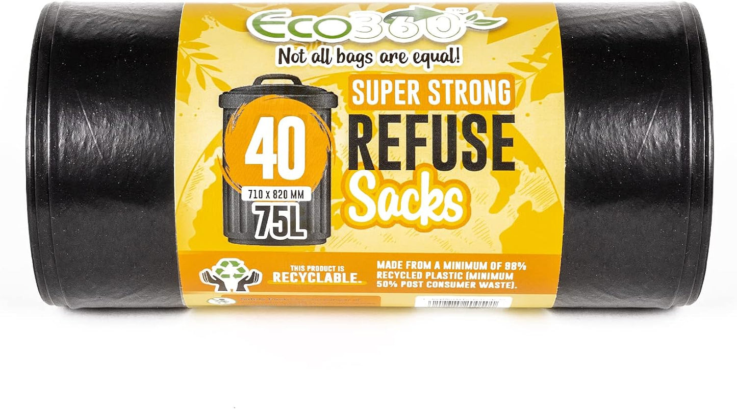 EcoBag 75L Super Strong Refuse Sacks, Heavy Duty Bin Bags | 1 x 40 Roll