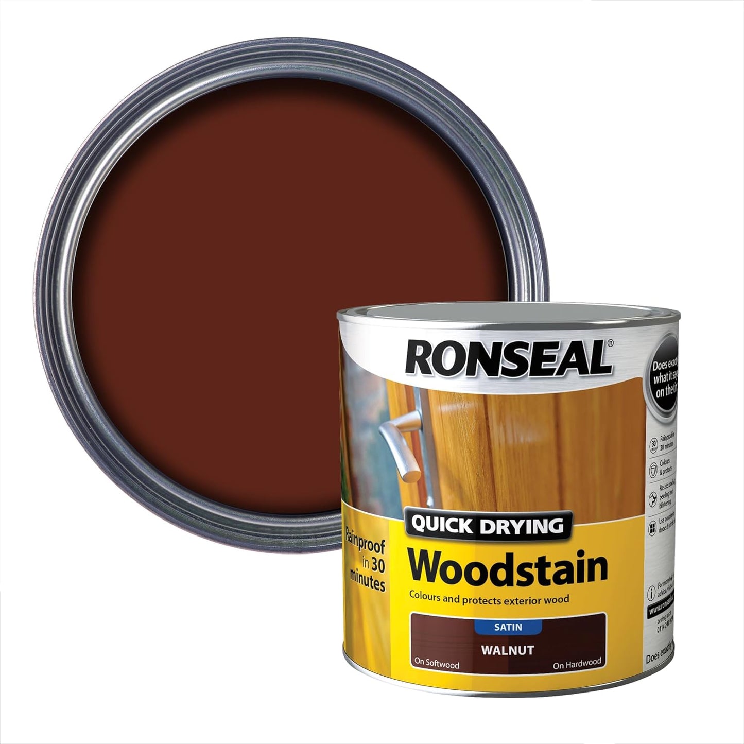 Ronseal Walnut Satin Woodstain | Soft or Hard Wood | Quick Drying | 2.5L