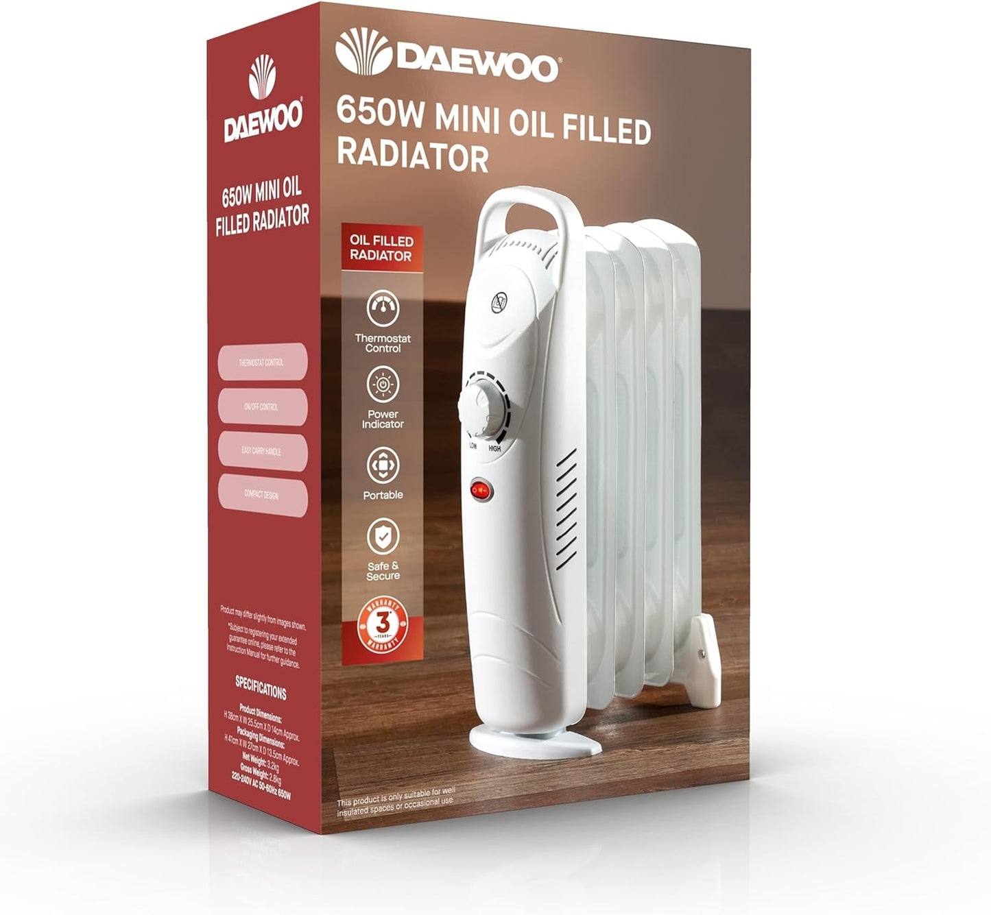 Daewoo Oil Filled Mini Radiator | 650w | White | 5 Fin