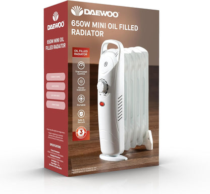 Daewoo Oil Filled Mini Radiator | 650w | White | 5 Fin