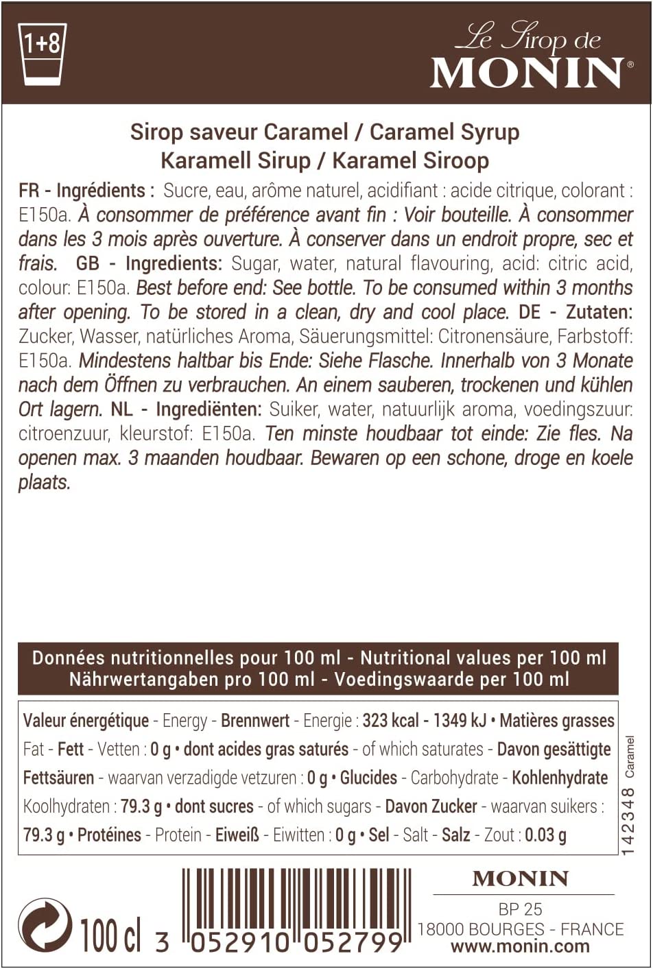 MONIN Premium Caramel Syrup 1 Litre for Coffee & Cocktails