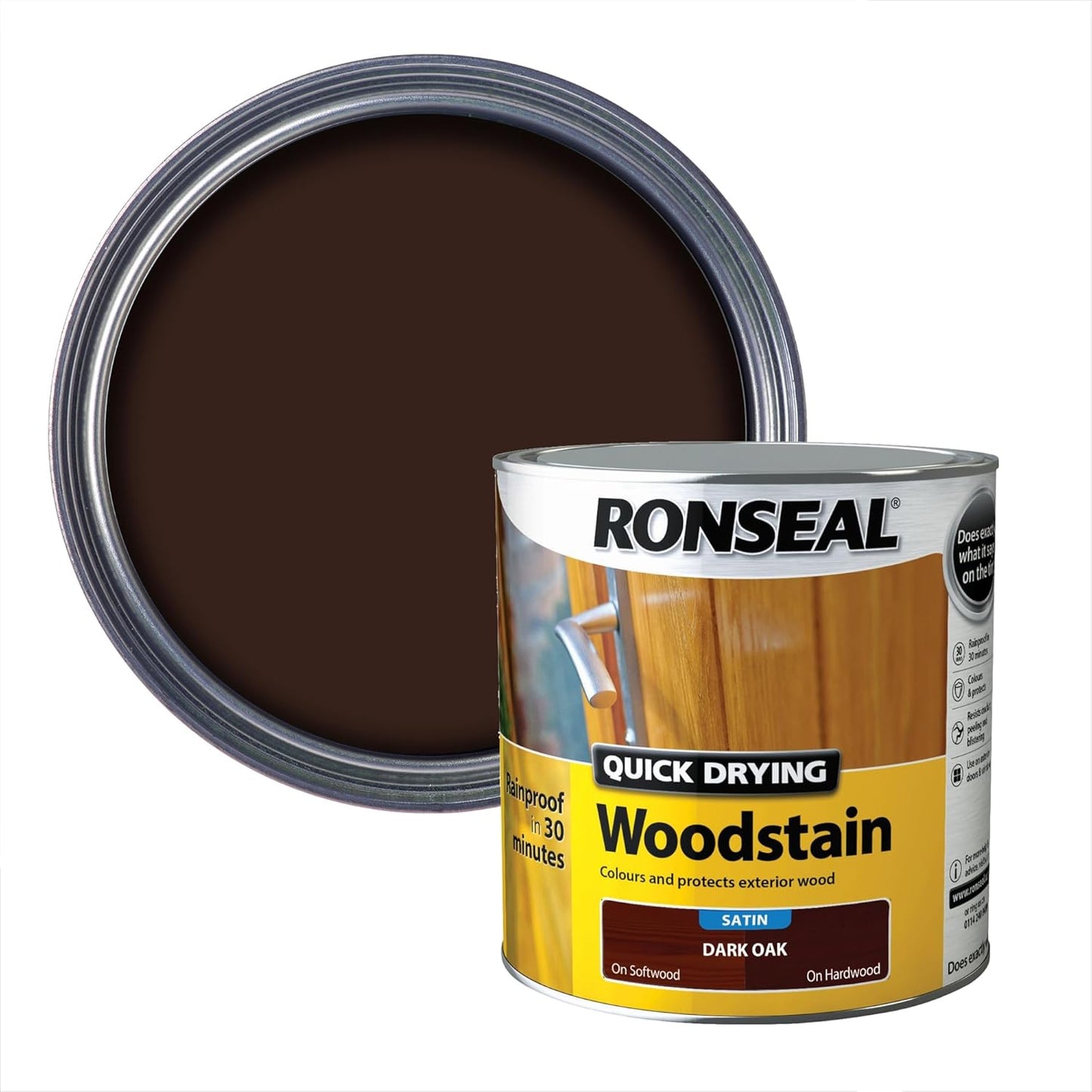 Ronseal Dark Oak Satin Woodstain | Soft or Hard Wood | Quick Drying | 250ml