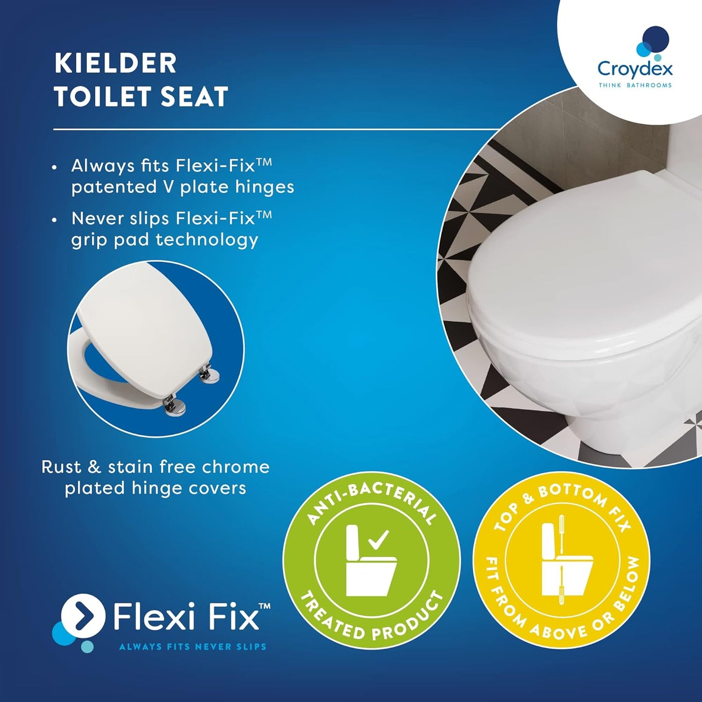 Croydex Flexi-Fix Toilet Seat, Wood White & Chrome WL600822H