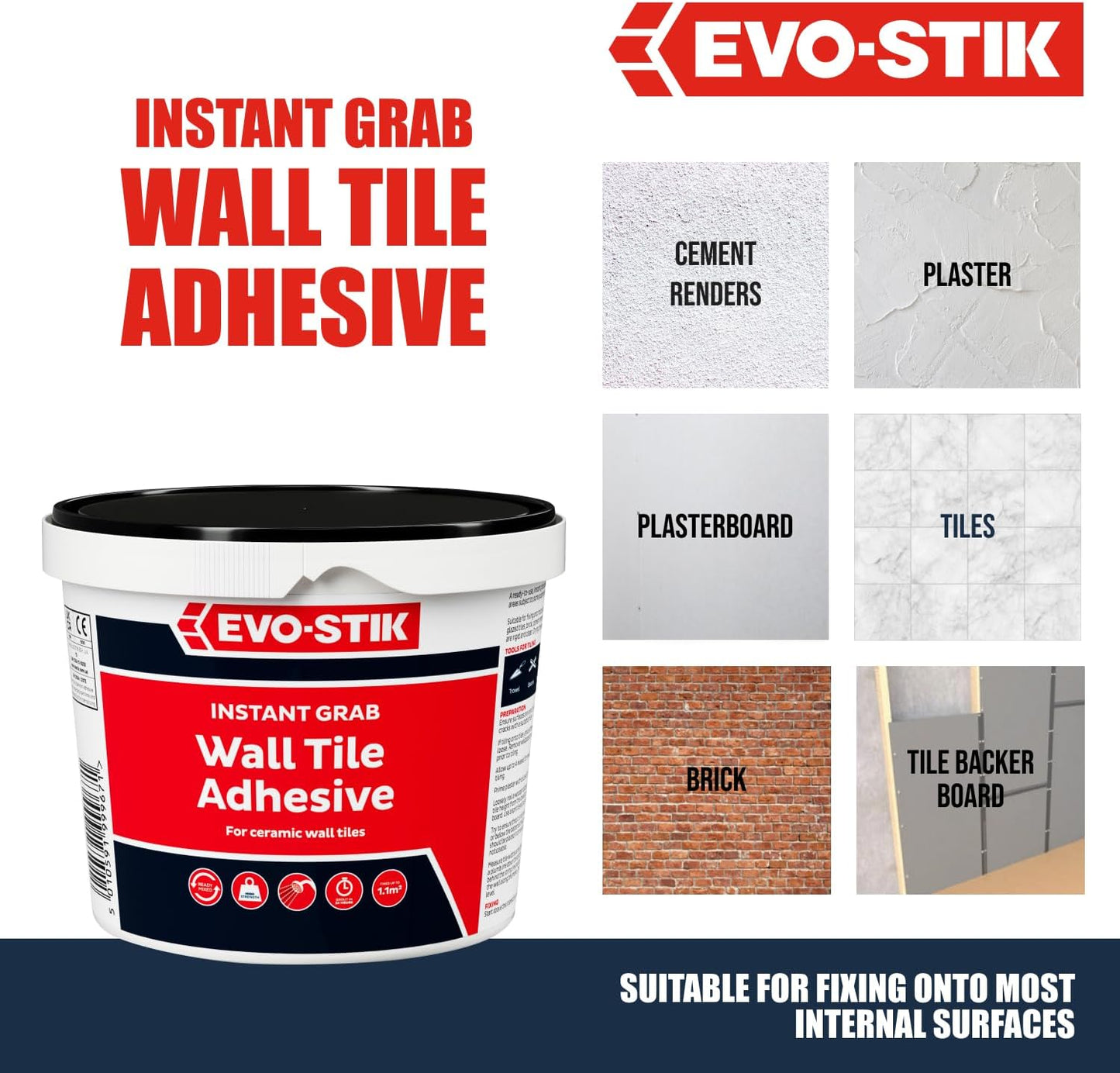 Evo-Stik Wall Tile Adhesive | Instant Grab | Multi Surface| 2.5L Tub