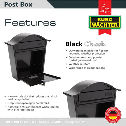 Burg-Wachter Black Classic Wall Mounted Galvanised Steel Lockable Weatherproof Post Box