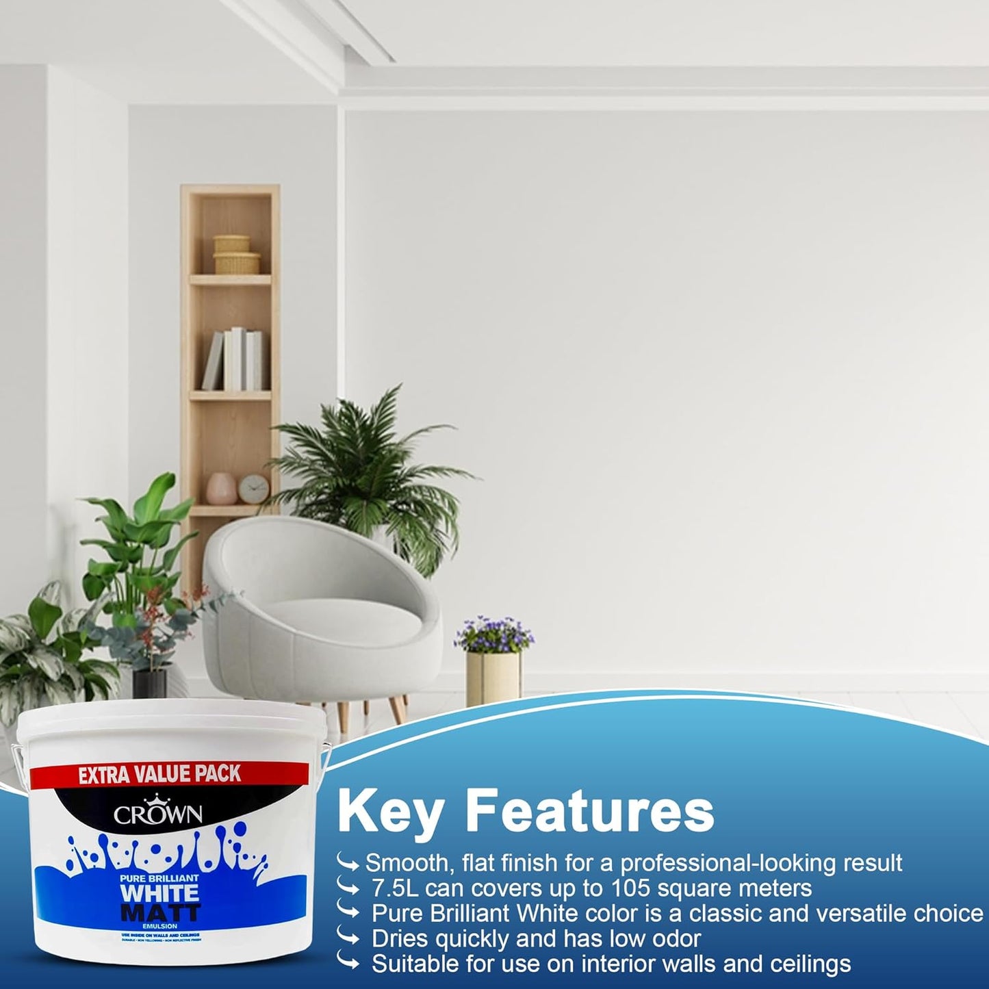 Crown Pure Brilliant White Matt Emulsion Paint 7.5 Litre