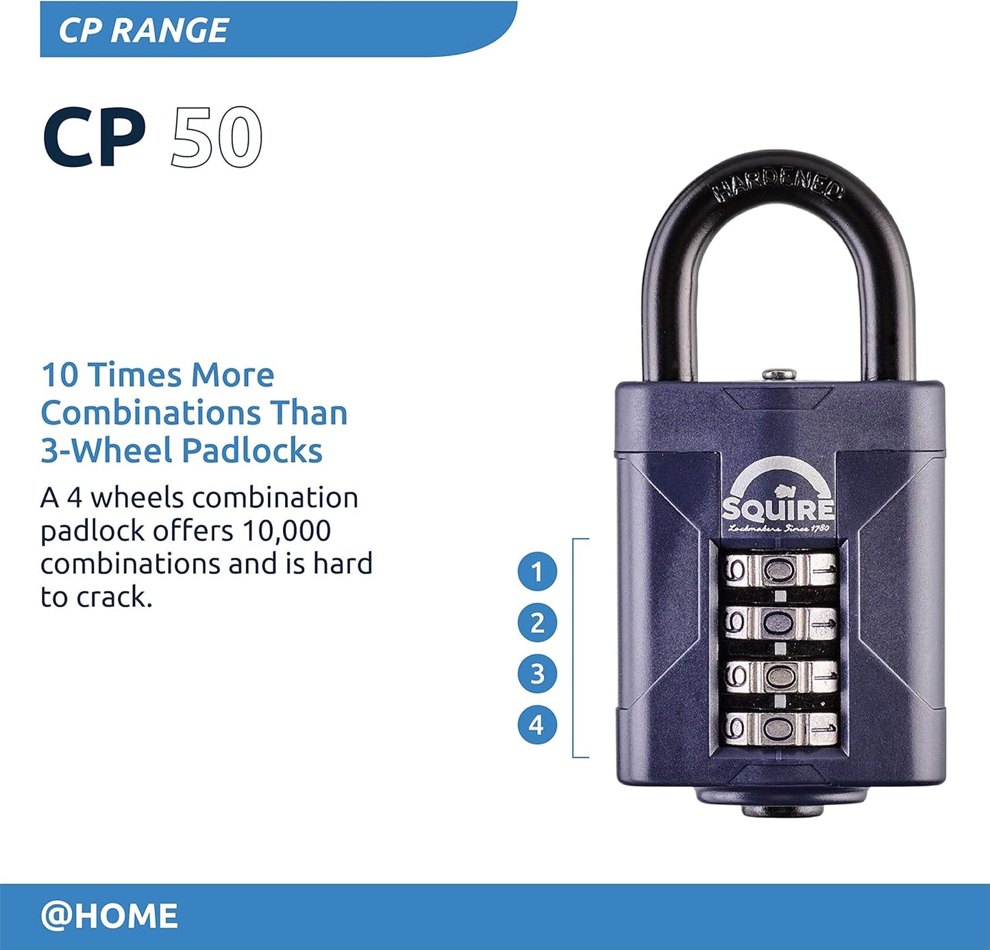 Squire Heavy Duty Padlock (Cp50) - Steel Shackle - 4 Wheel Combination (Blue, 50 Mm)