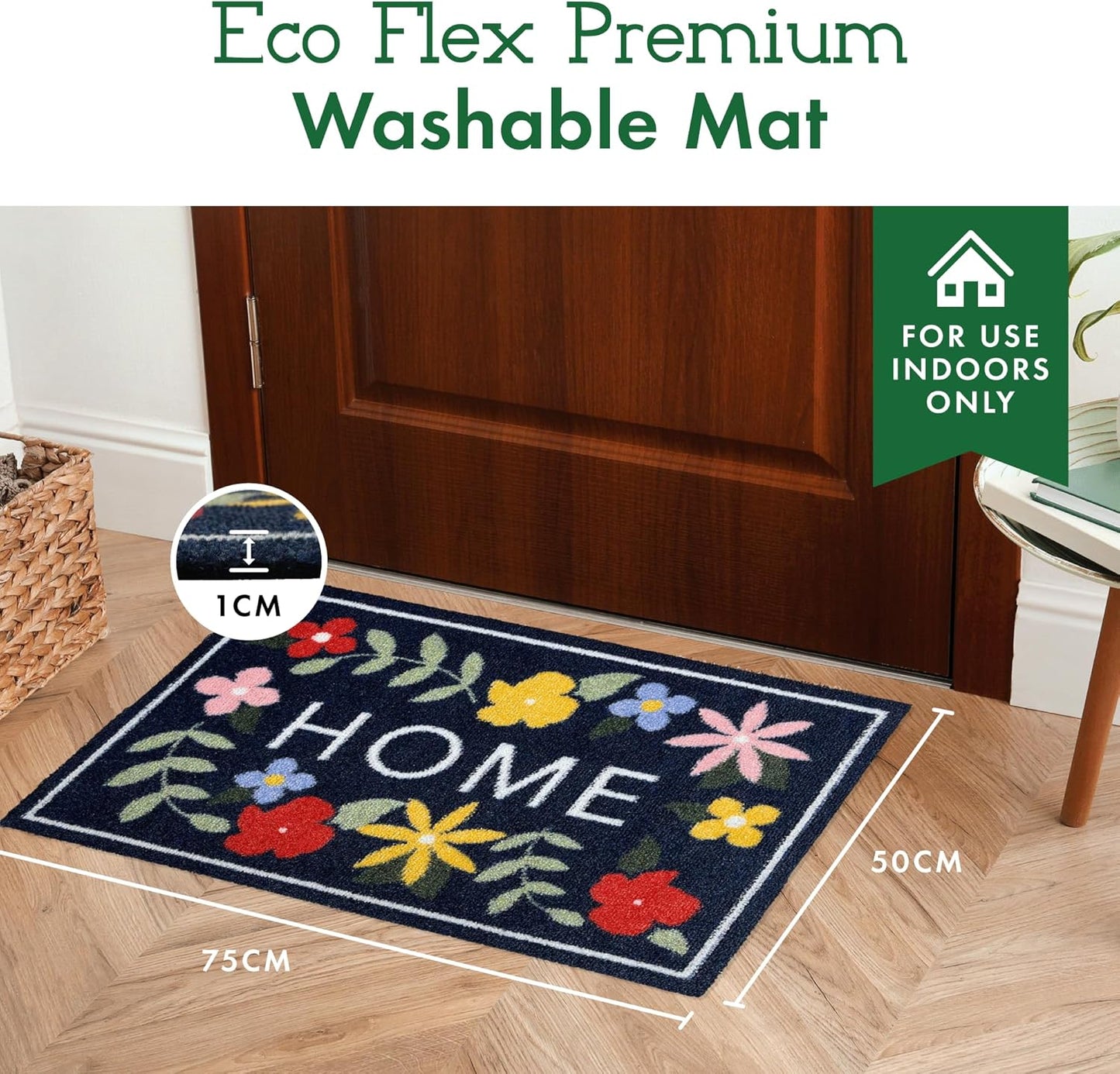 Floral HOME Navy 50 x 75cm | Made from Recycled Materials | Anti-slip Door Mat