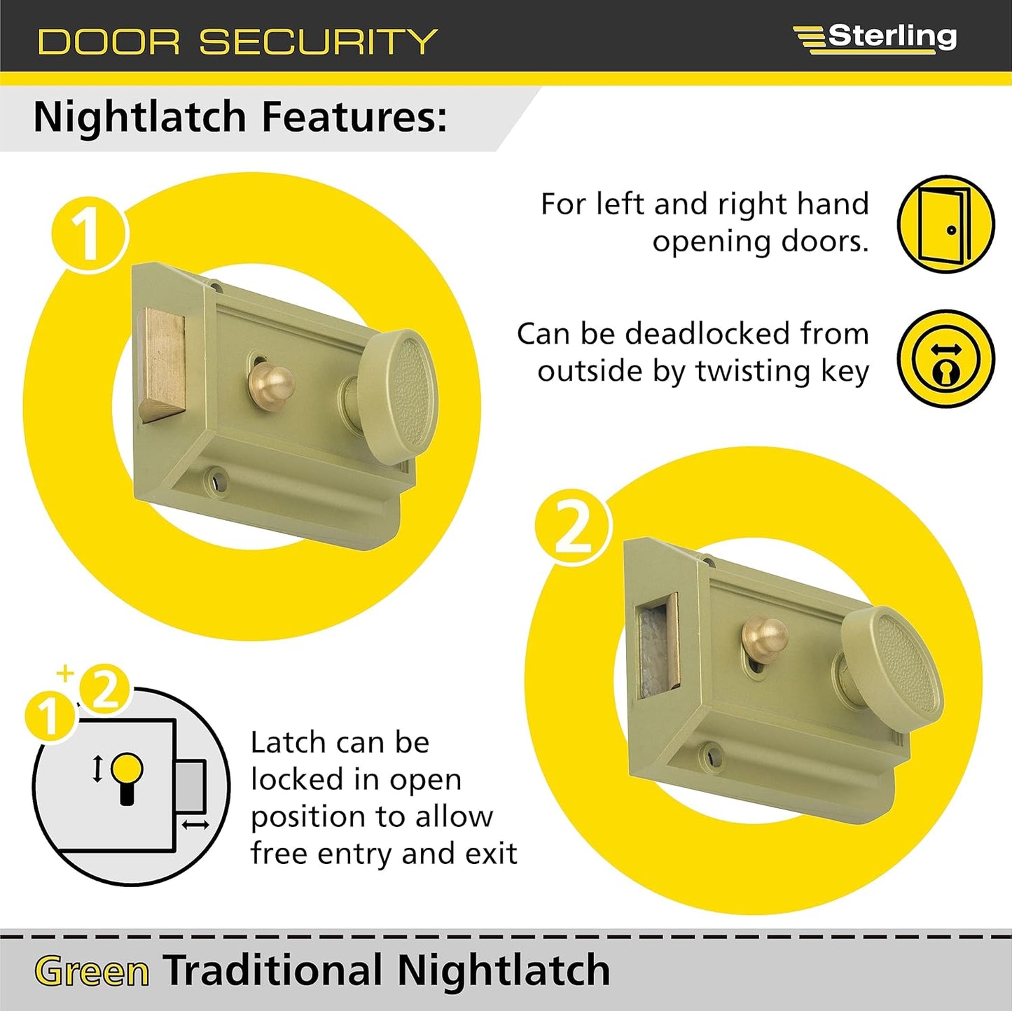 Sterling Standard Nightlatch | Left & righthanded Doors | Champagne | Full Pack | 2 keys | NLS10