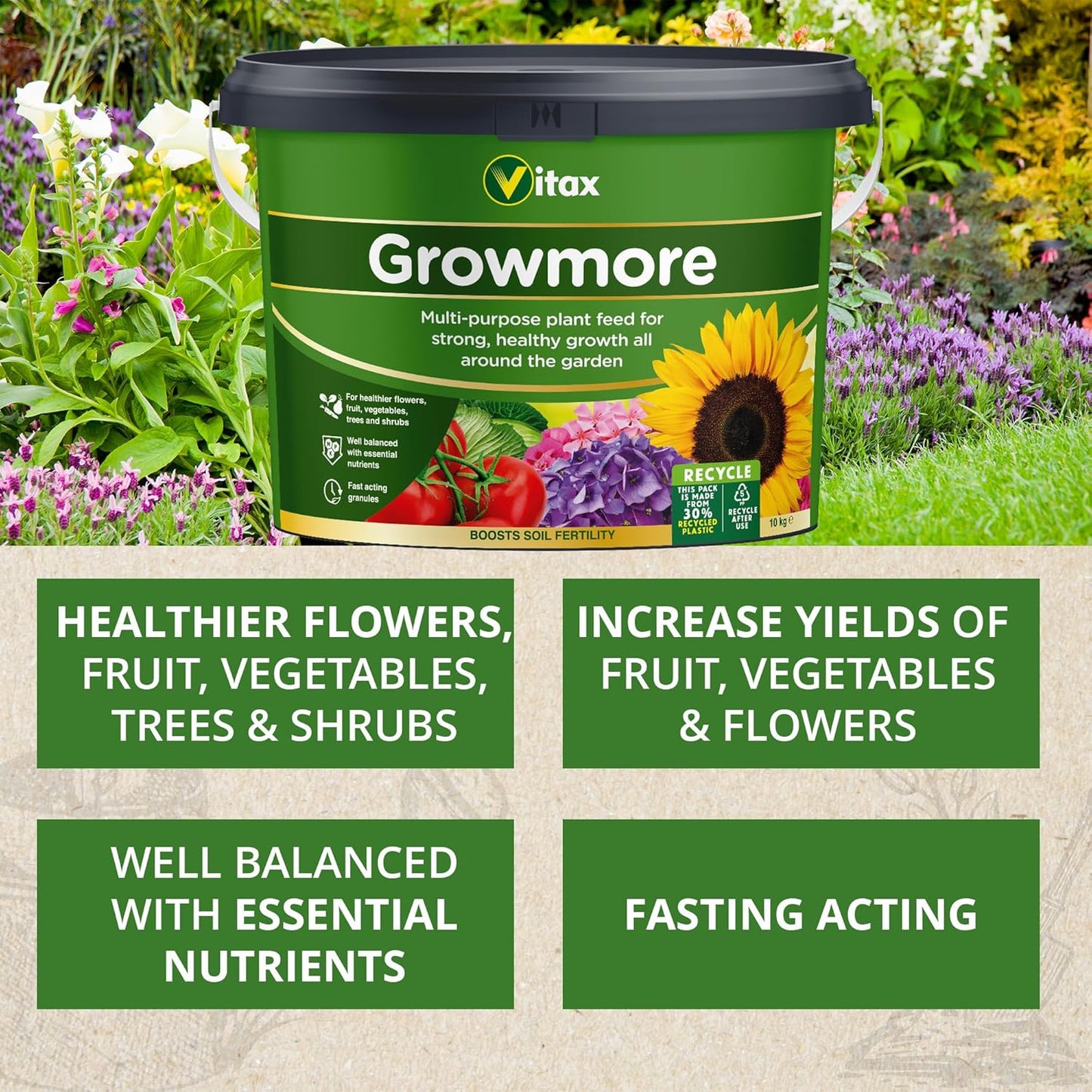 Vitax Growmore, General Purpose Fertiliser ,10Kg Tub