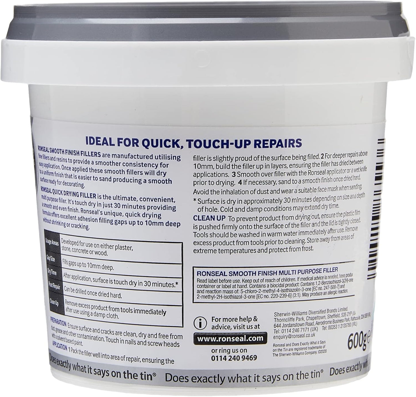 Ronseal Smooth Finish, Quick Drying Filler | White | 1 x 600g Tub