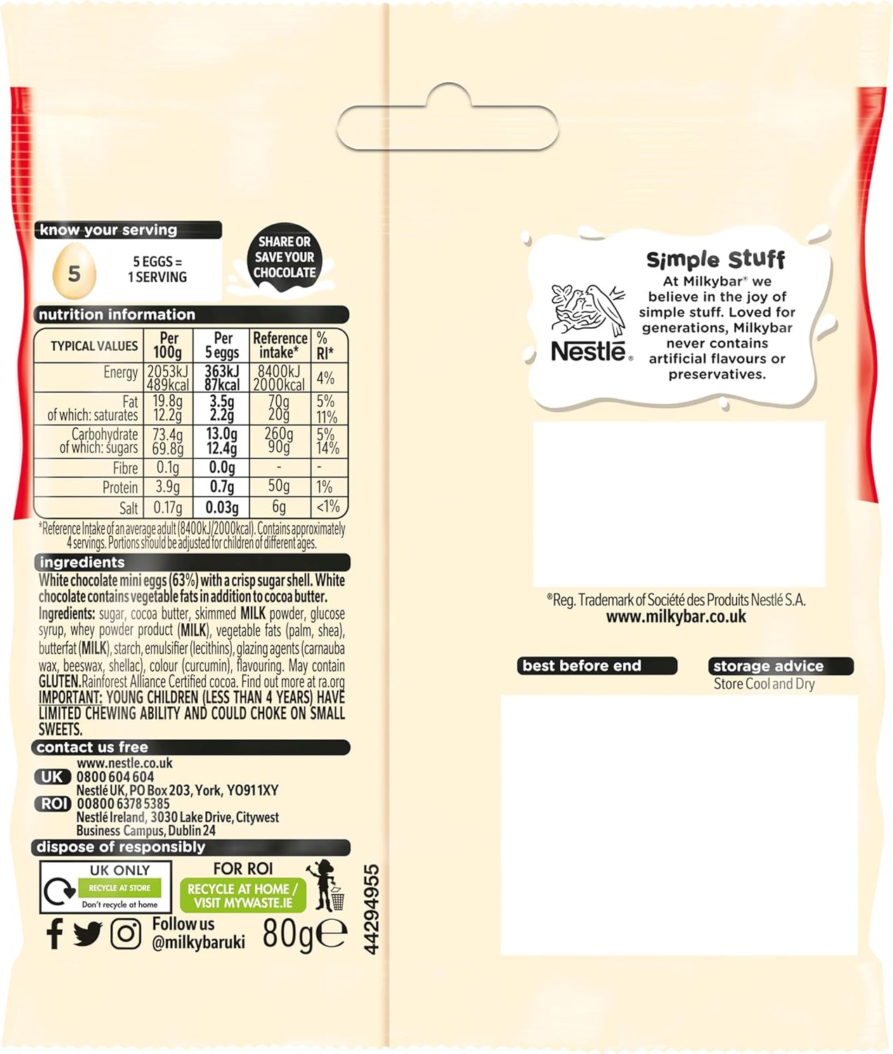 Milkybar White Chocolate Easter Mini Eggs Sharing Bag 80g