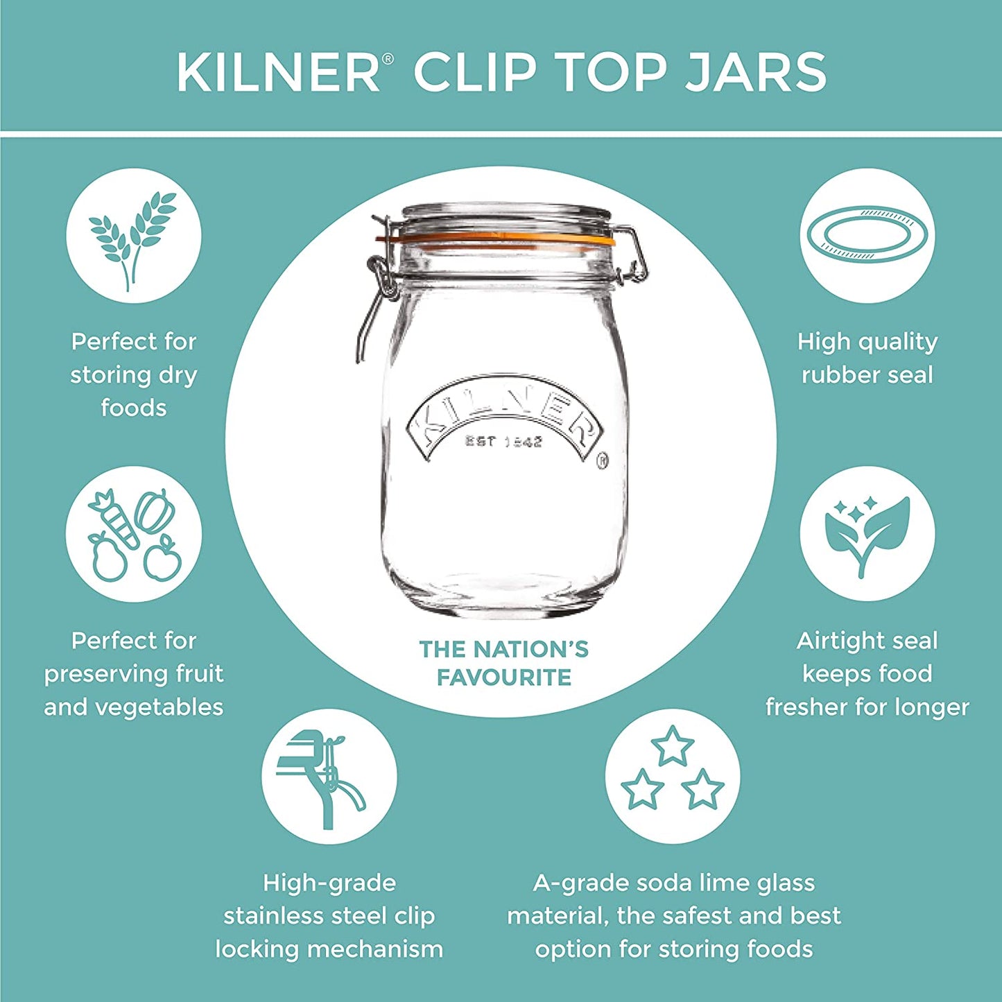 Kilner 2 Litre Square Glass Clip Top Preservation Storage Jar. - UK BUSINESS SUPPLIES