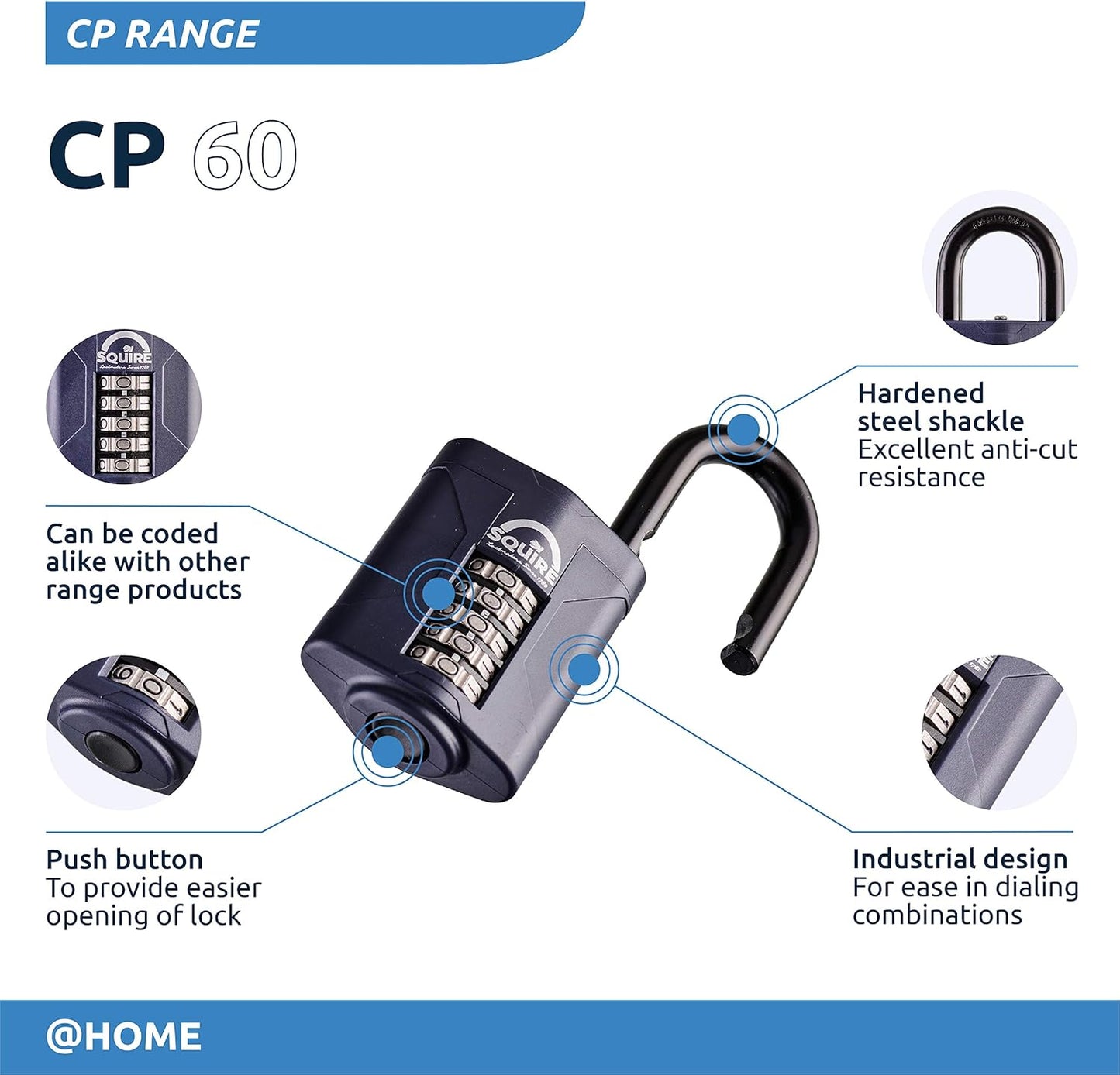 Squire Heavy Duty Padlock (Cp60) - Steel Shackle - 5 Wheel Combination (Blue, 60mm)