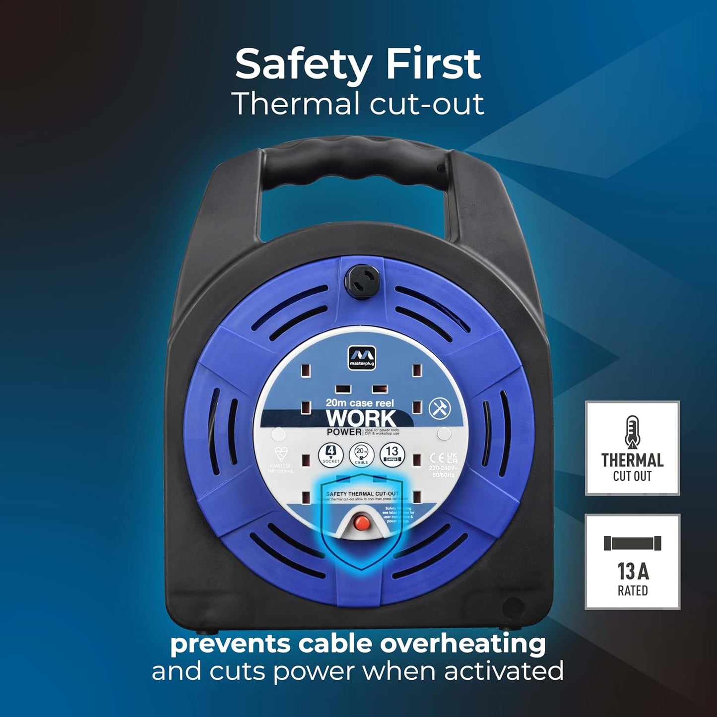 Masterplug Cassette Reel 20 Metre 4 Socket 13A Thermal Cut-Out