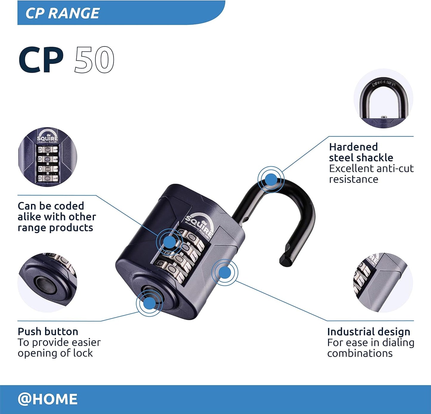 Squire Heavy Duty Padlock (Cp50) - Steel Shackle - 4 Wheel Combination (Blue, 50 Mm)