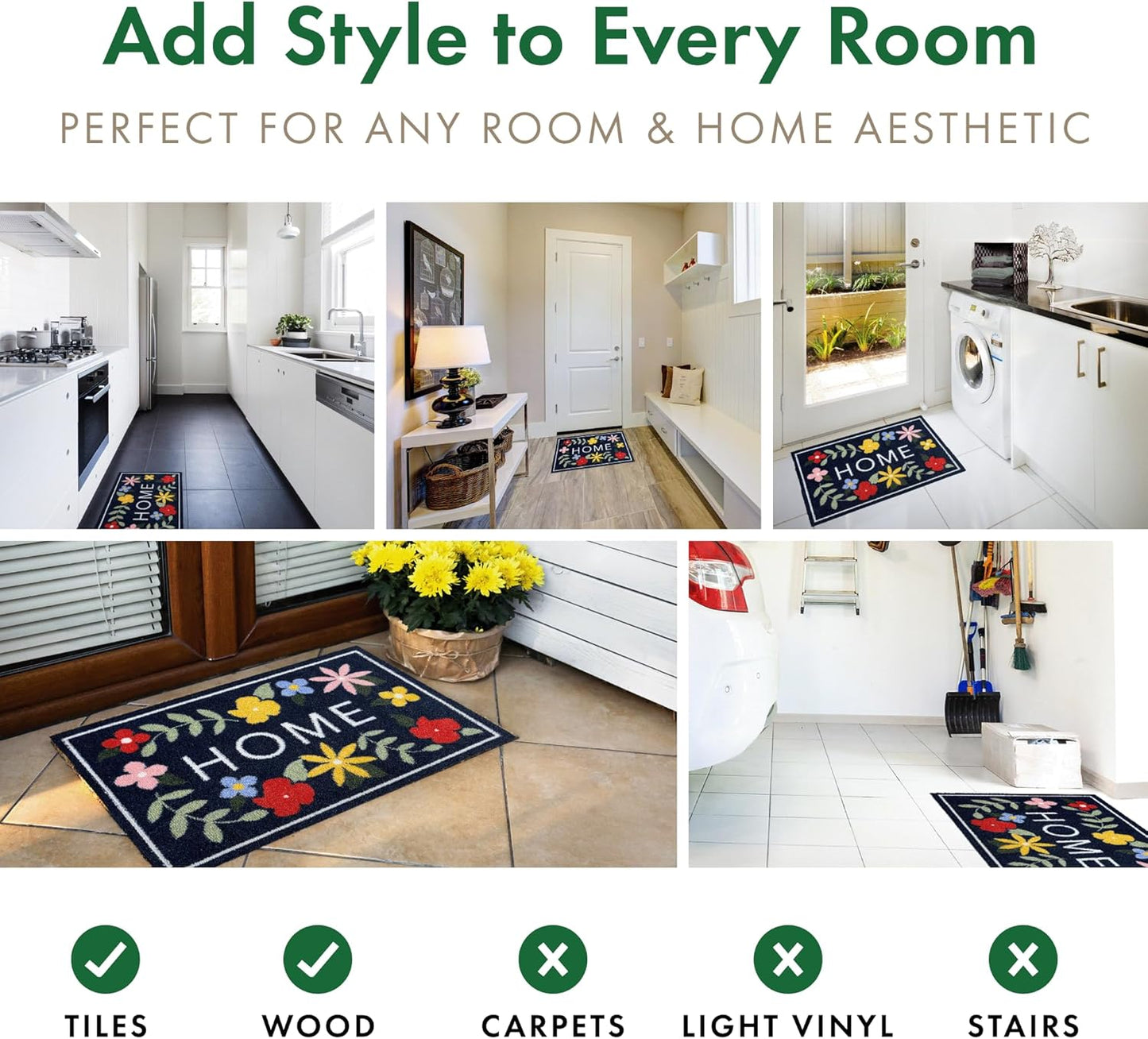 Floral HOME Navy 50 x 75cm | Made from Recycled Materials | Anti-slip Door Mat