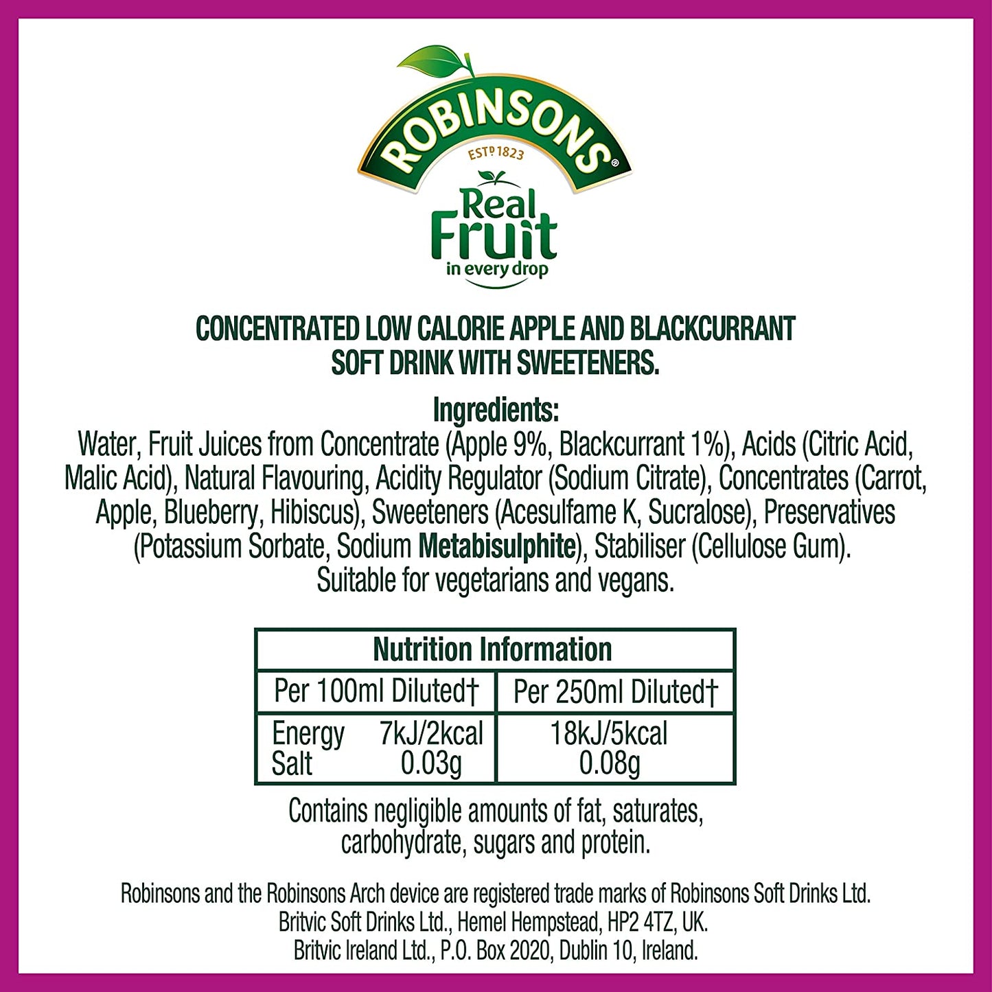 Robinsons Apple/Blackcurrant Squash No Added Sugar 1 Litre 402013