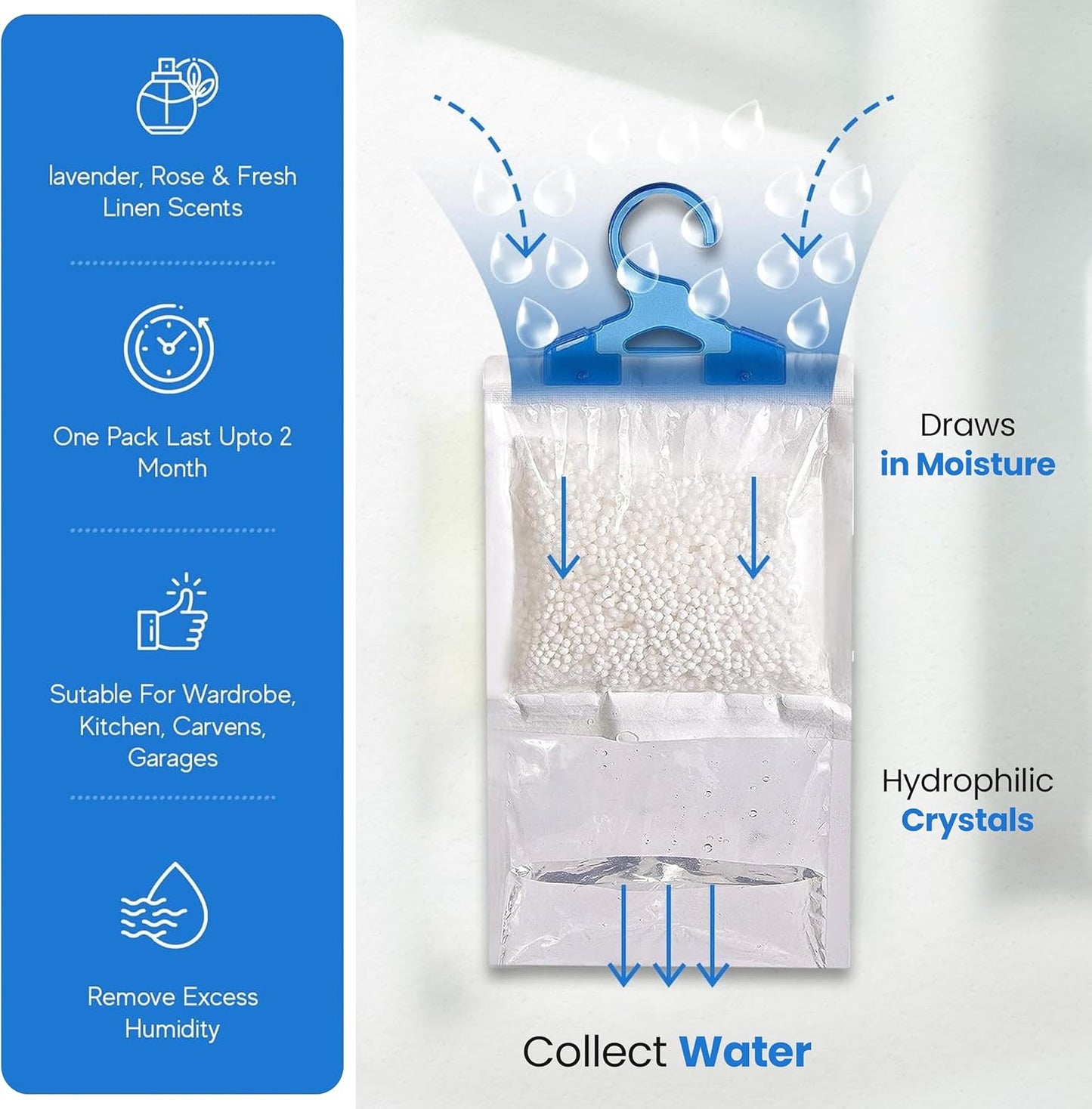 Scented Hanging Wardrobe Dehumidifier Bags Moisture Traps x 3