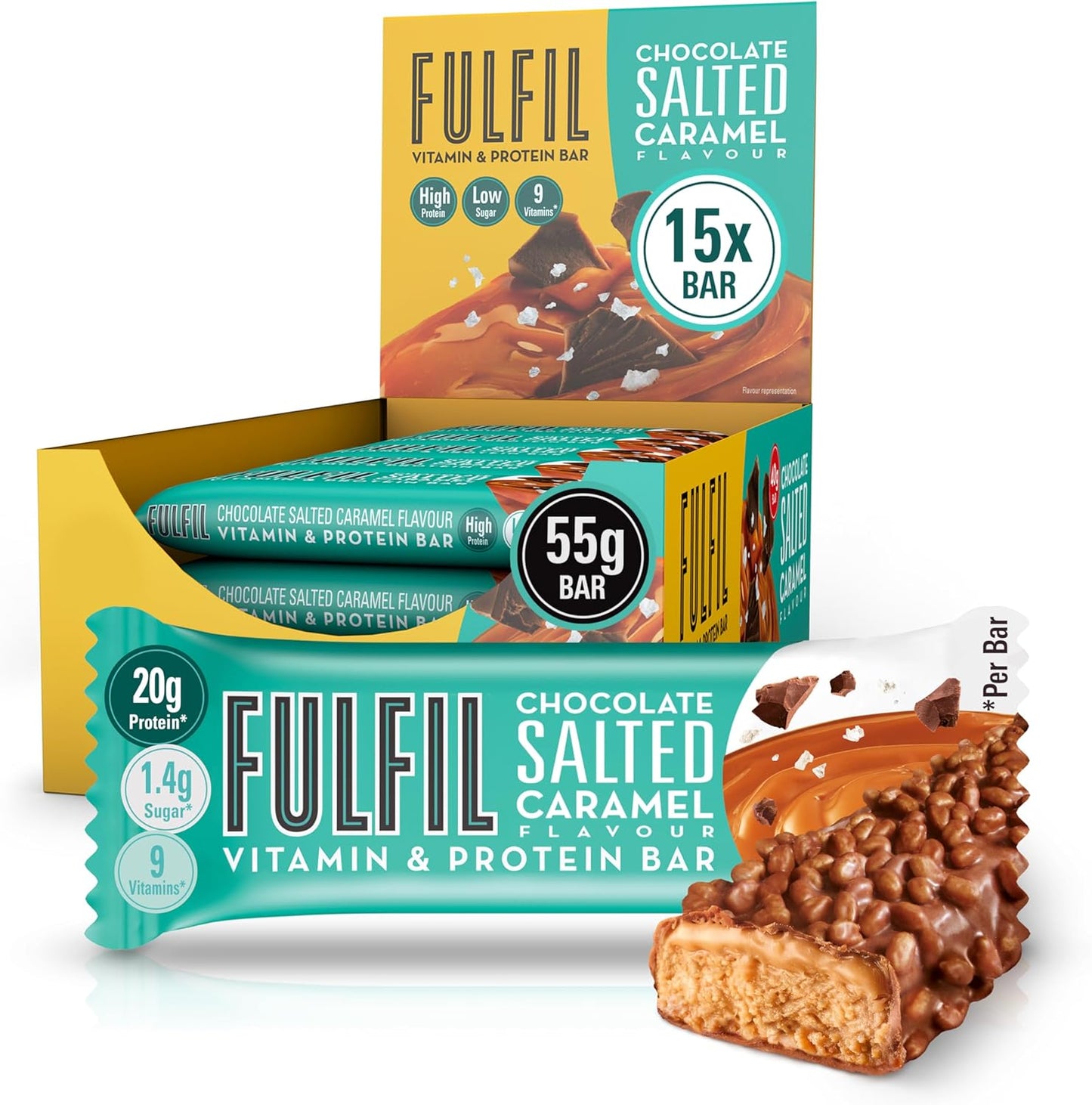 Fulfil Chocolate Salted Caramel Protein Bar Snack | Low Sugar | 15 x 55g Bars