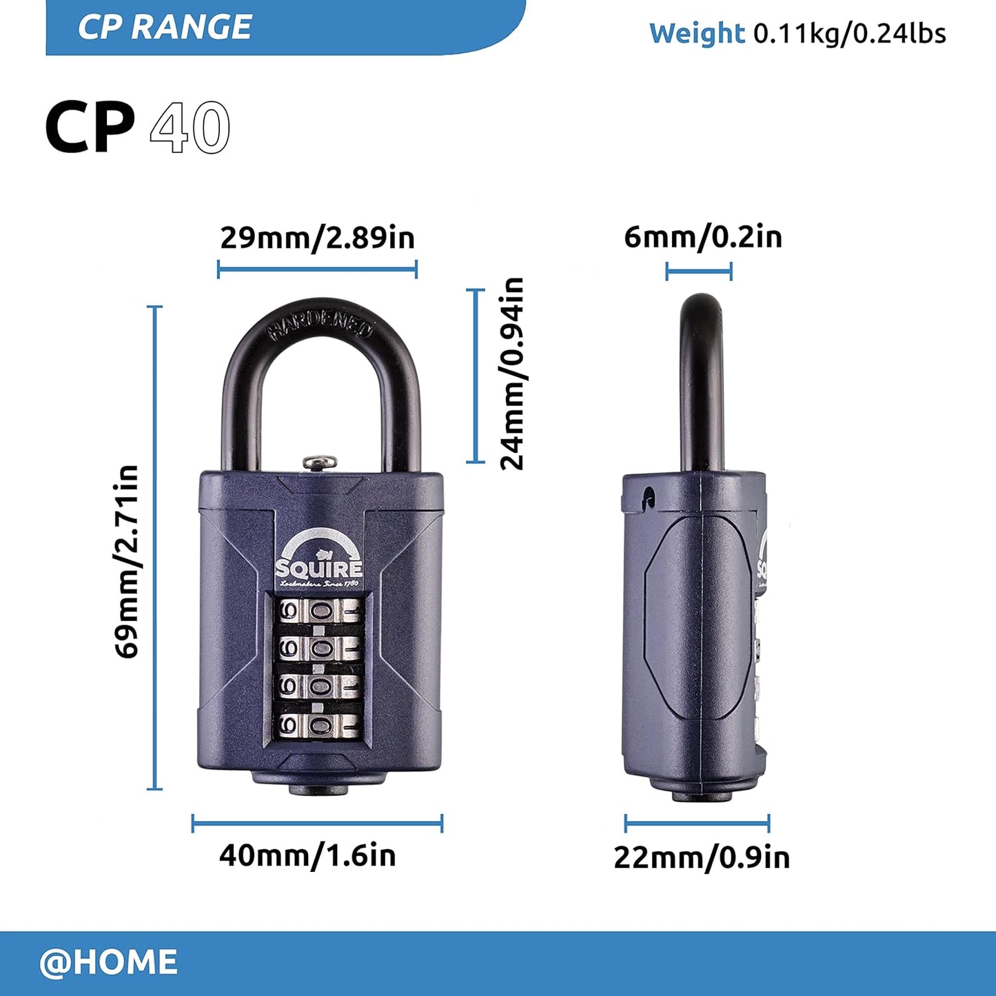 Squire Heavy Duty Padlock (Cp40) - Steel Shackle - 4 Wheel Combination (Blue, 40 Mm)