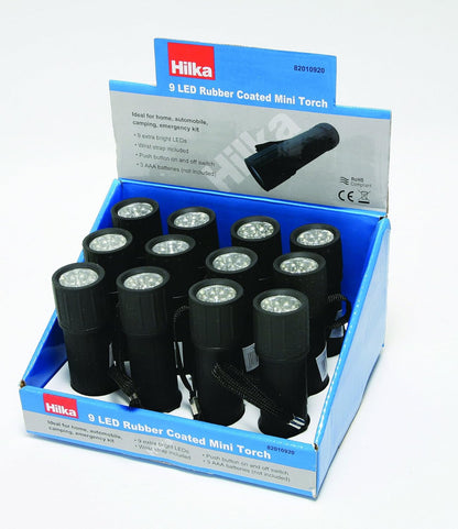 Hilka 9 Led Rubber Coated Mini Torch Display, Black