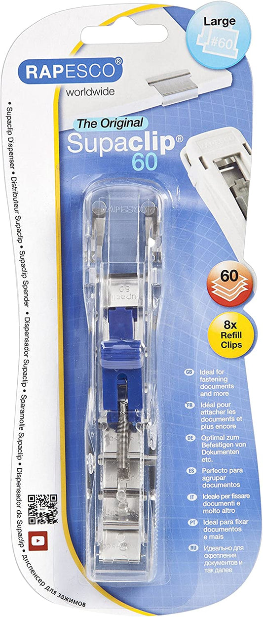 Rapesco RC6008SS Supaclip 60 See Through Heavy Duty Dispenser and 8 Stainless Steel Clips