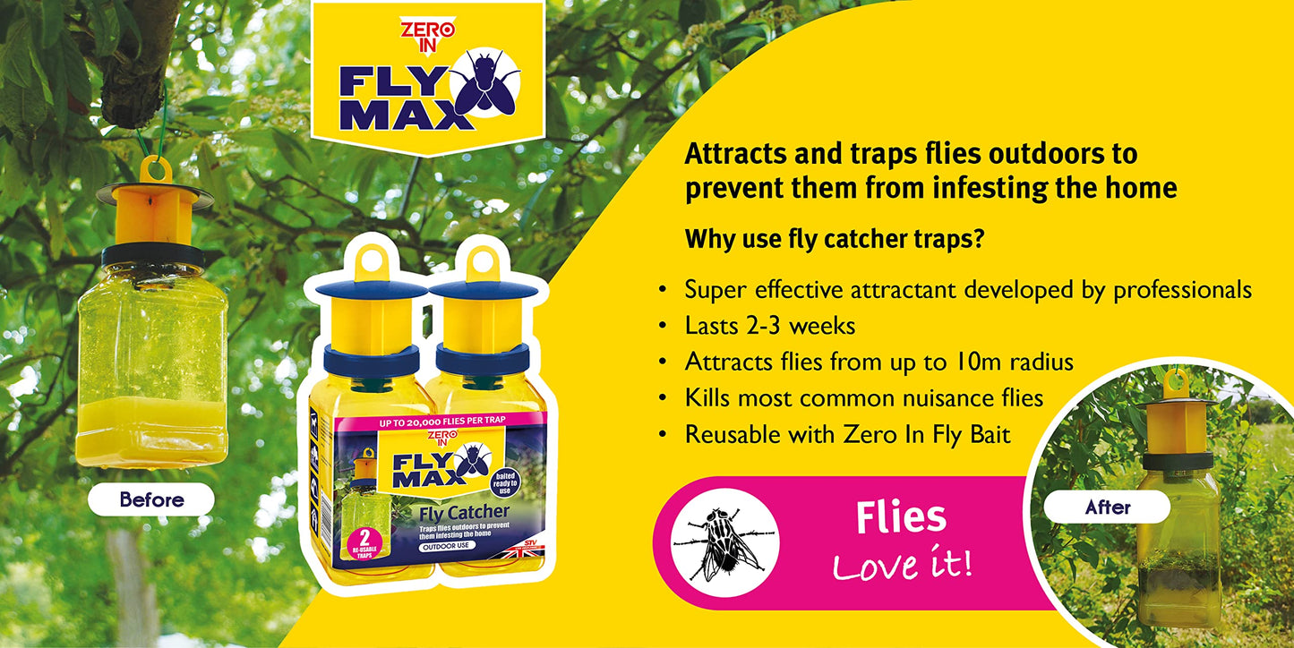 Zero-In STV Fly Catcher Traps | Twin Pack with Bait Zero | 2 Weeks Protection