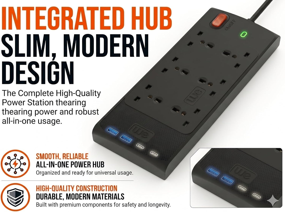 Westminster Electrical 6 Socket Extension Lead Power Hub | 4 x USB Outlets | 2m Extension Cable