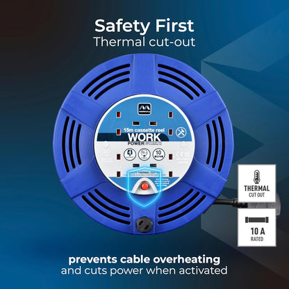 Masterplug Four Socket Cassette Cable Reel, 15 Metres, Blue