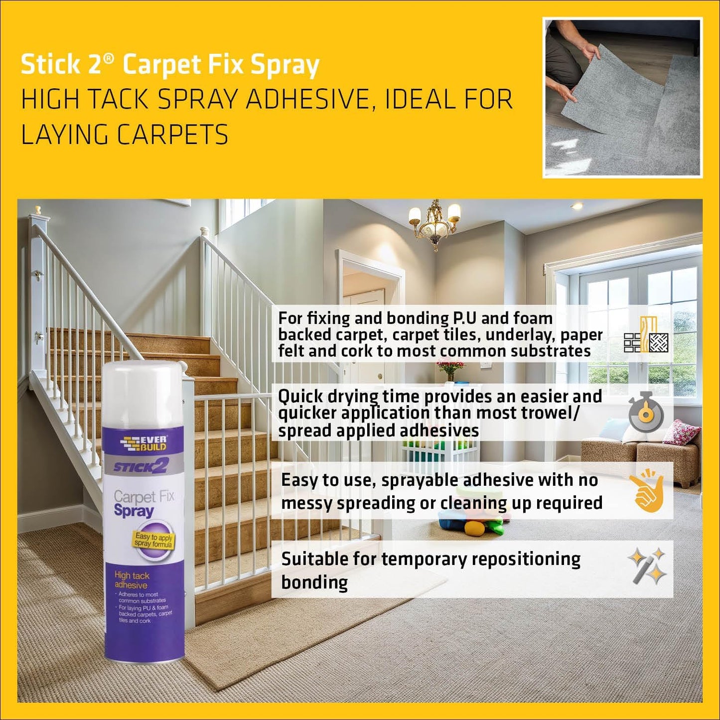 Everbuild Stick2 Carpet Fix Spray Adhesive | High Tack Spray | Foaming Formula | 3 x 500ml