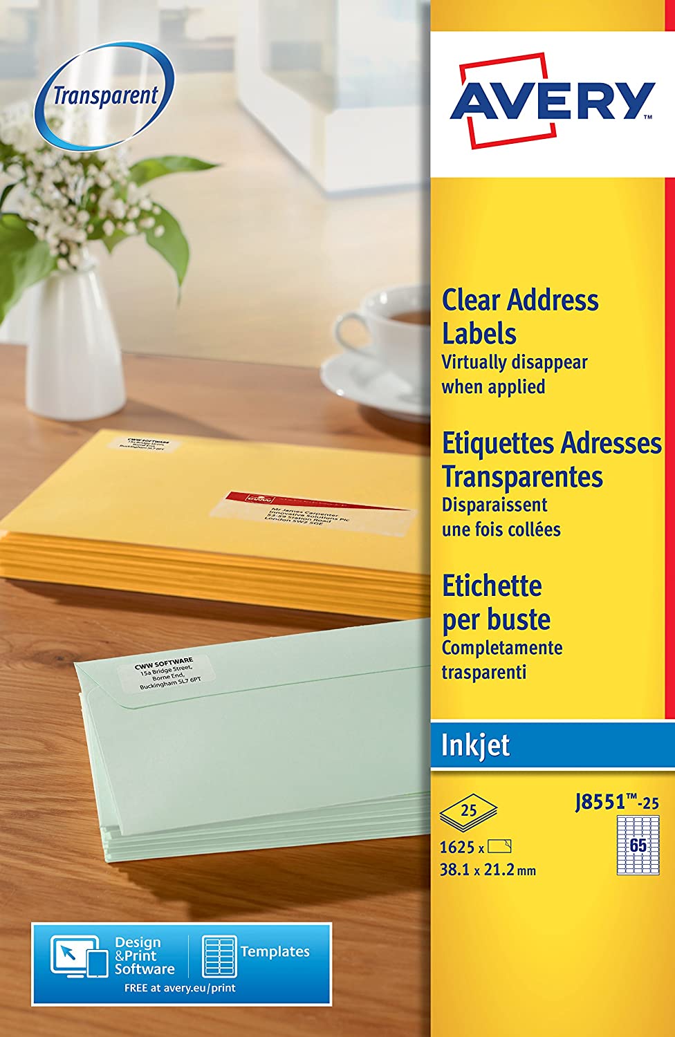 Avery Mini Labels Inkjet 65 per Sheet 38.1x21.2mm Clear Ref J8551-25 [1625 Labels]