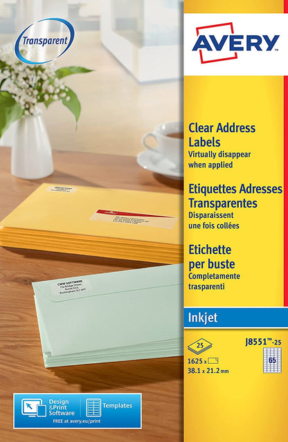 Avery Mini Labels Inkjet 65 per Sheet 38.1x21.2mm Clear Ref J8551-25 [1625 Labels]