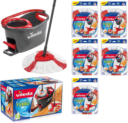VILEDA Turbo EasyWring & Clean Complete Set Mop with Bucket and Power Spinner Plus 5x Replacement Head Turbo - UK BUSINESS SUPPLIES