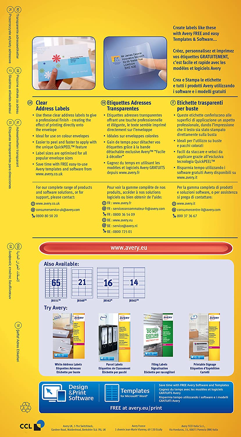 Avery Mini Labels Inkjet 65 per Sheet 38.1x21.2mm Clear Ref J8551-25 [1625 Labels]