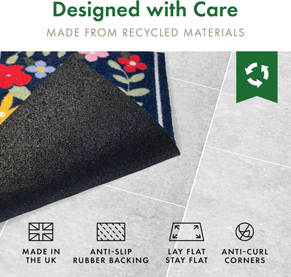 Floral HOME Navy 50 x 75cm | Made from Recycled Materials | Anti-slip Door Mat