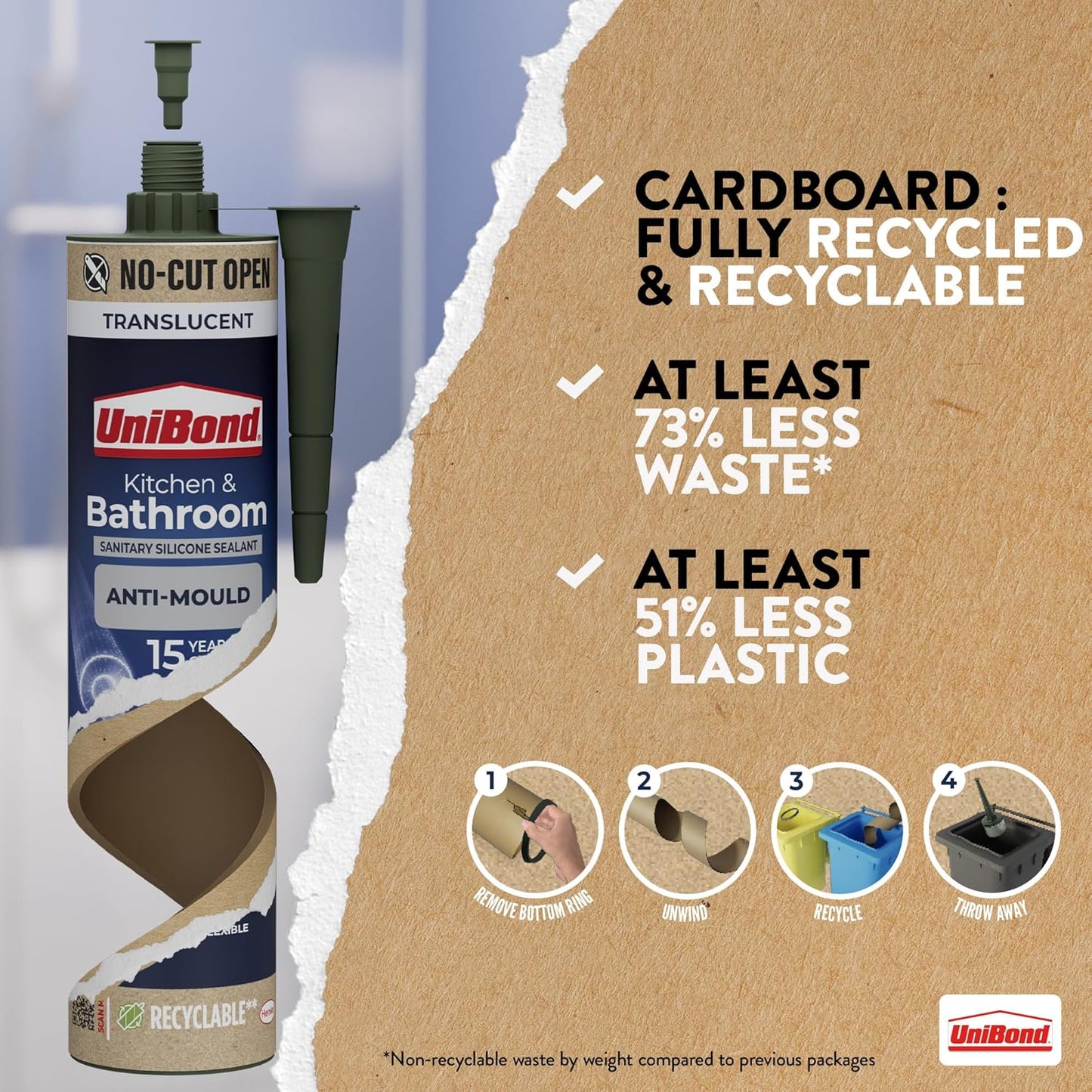 UniBond Kitchen and Bathroom Mould-Resistant, Translucent Silicone Sealant | 1 x 280ml Cartridge