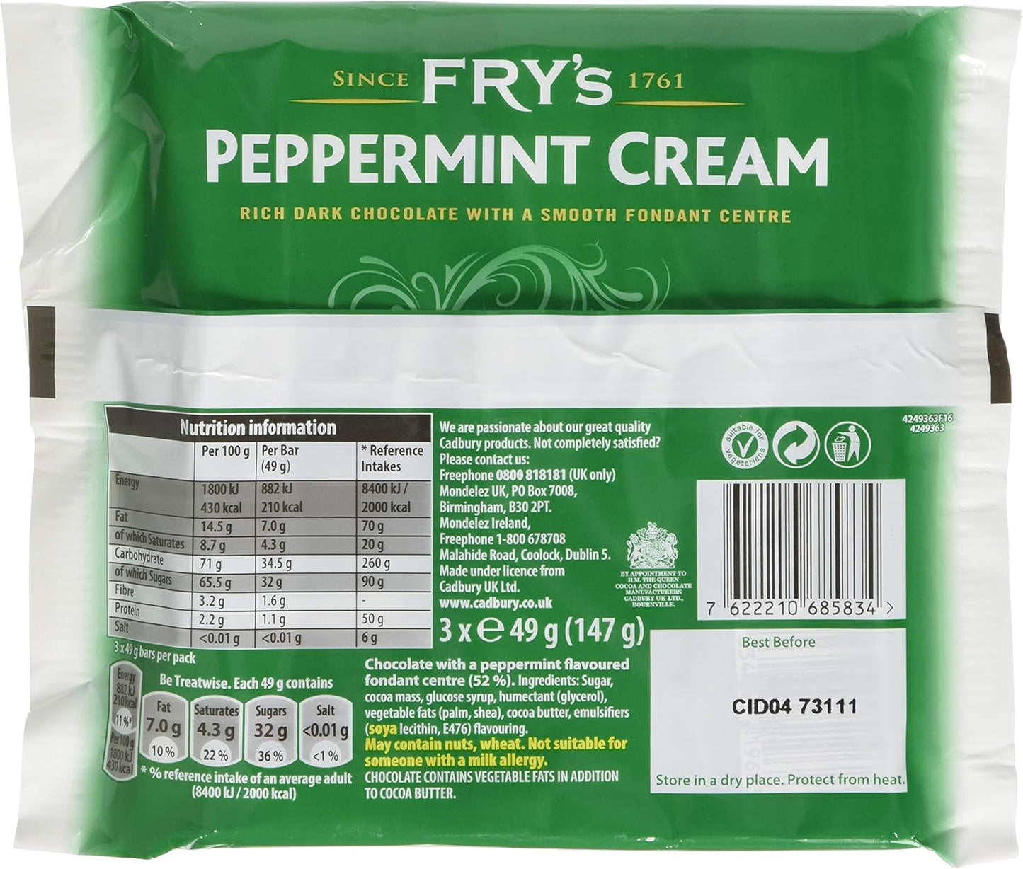 Fry's Chocolate Mint Cream | Dark Chocolate Bars with Peppermint Cream Fondant | 3 x 49g | 16 x 157g