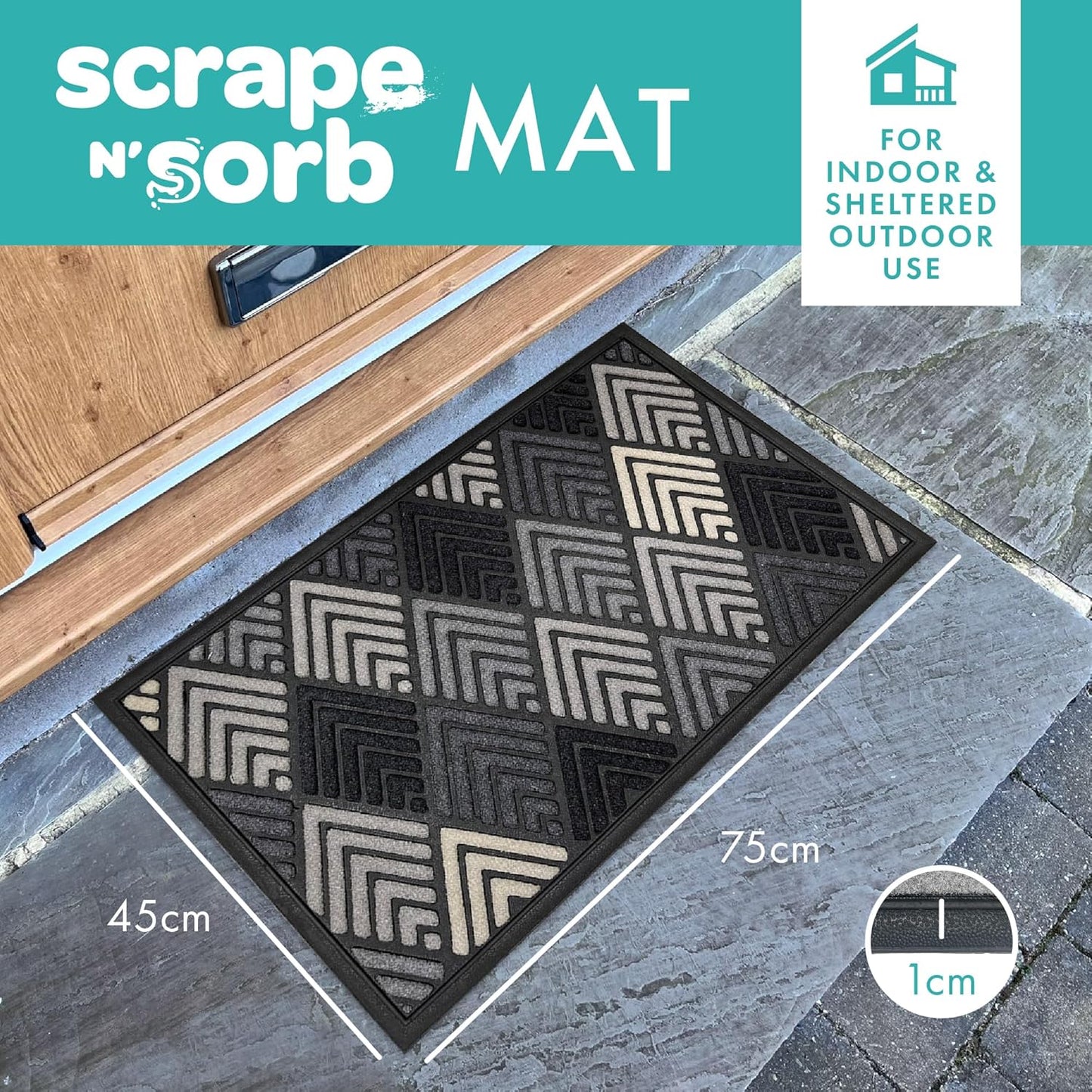Scrape Sorb Premium Doormat | Diamond Grey | 45 x 75cm | Durable Nylon Pile