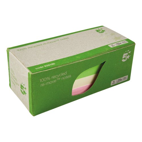 5 Star Recycled Re-Move Sticky Notes Repositionable 38x51mm Assorted Pastel (Pack of 12) 938180