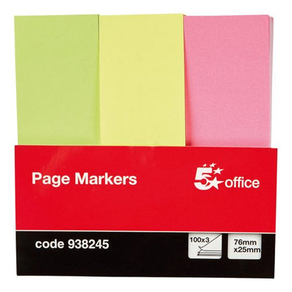 5 Star Index Page Markers 76x25mm 100 Sheets per Card x3 Assorted Neon 938245