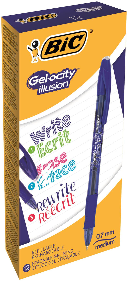 Bic Gel-ocity Illusion Erasable Gel Rollerball Pen 0.7mm Tip 0.3mm Line Blue (Pack 12) - 943440