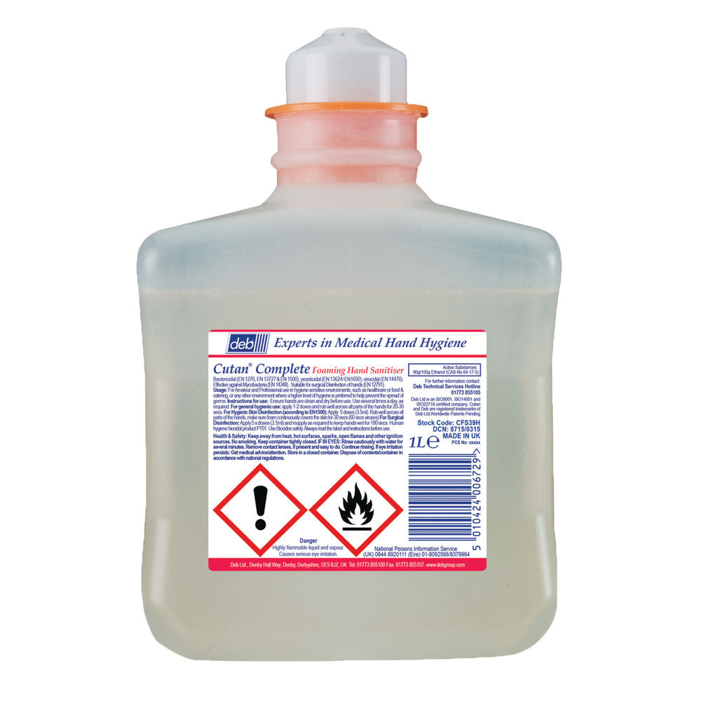 Deb Cutan Foaming Hand Sanitiser Cartridge 1 Litre {CFS39H} - UK BUSINESS SUPPLIES