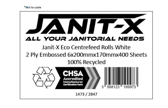 Janit-X Eco 100% Recycled Centrefeed Rolls White 6 x 400s CHSA Accredited - UK BUSINESS SUPPLIES