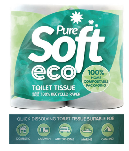 Pure Soft Eco 100% Recycled, Quick Dissolve Toilet Rolls 4 Pack