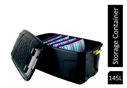 Strata 145 Litre Heavy Duty Plastic Smart Trunk with Lid, Clip Lock and Wheels
