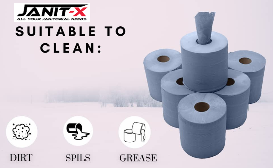 Janit-X Eco 100% Recycled Centrefeed Rolls Blue 6 x 400s CHSA Accredited - UK BUSINESS SUPPLIES