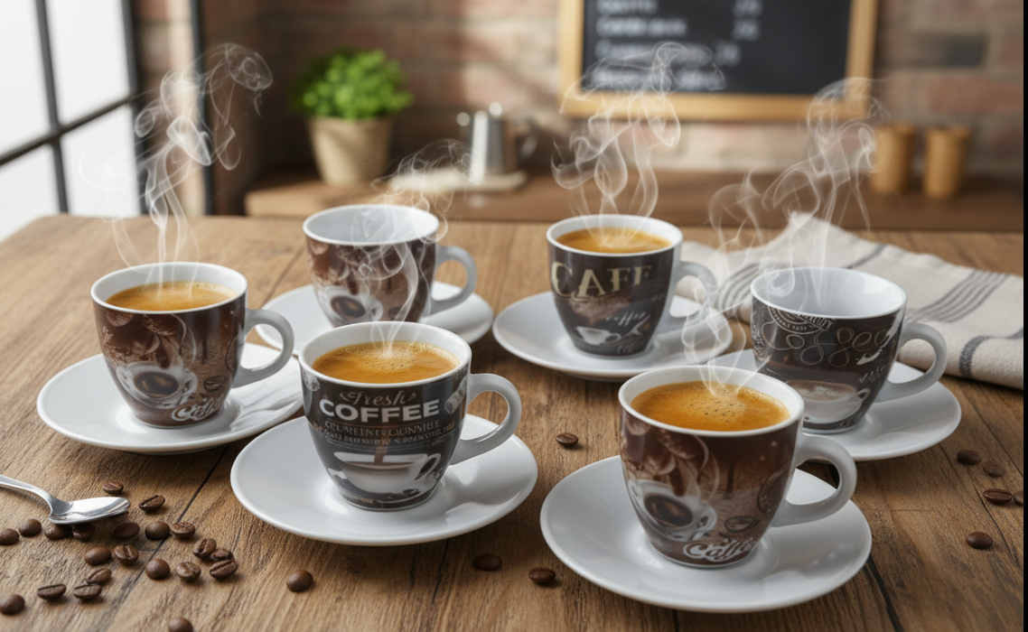 Fixtures Coffee Printed Design Espresso Cup & Saucer Set {12 Piece Set}
